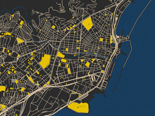 Flat city map of Santa Cruz de Tenerife, Spain — near-black map field with ivory road grid, bright yellow blocks and dark blue rivers and harbors © W&S Stock