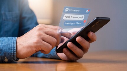 Male adult using smartphone with messaging app in casual setting