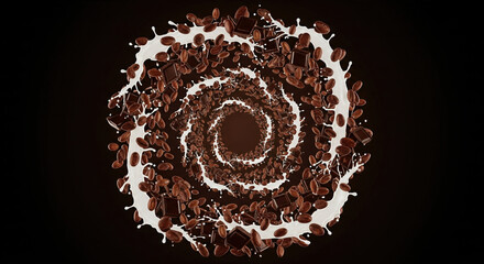 Swirling coffee beans and chocolate chunks are splashing in milk against a dark backdrop, creating a dynamic and appetizing food and drink concept.