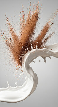 Milk and cocoa powder colliding in a dynamic splash against a clean white background, showcasing a visually striking and appetizing composition.