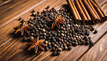 Aromatic star anise and cinnamon sticks rest on a rustic wooden background as flavorful brown spices and herbal seasonings for Christmas cooking