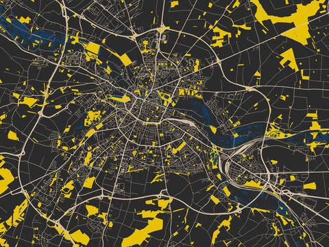Minimalist map of Amiens, France, dark map with yellow accents
