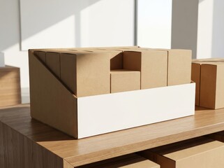 Brown cardboard boxes stacked on a white retail display