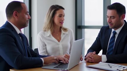 dynamic business team collaboration meeting discussing project strategy and reviewing data on a laptop in a modern office space - Powered by Adobe
