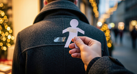 Hand taping paper person to back of coat in city street with Christmas lights, a prank suggesting betrayal or backstabbing during the holiday season.