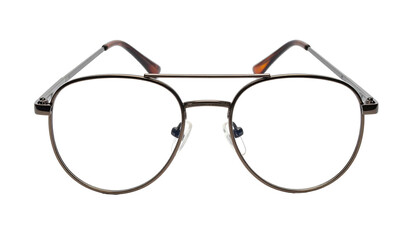 Fototapeta premium Front view of eyeglasses with a double bridge and dark, round lenses, isolated on black