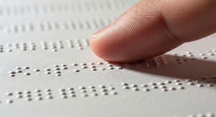 Close-up of a finger reading Braille text on white paper, highlighting tactile reading and accessibility for the visually impaired.