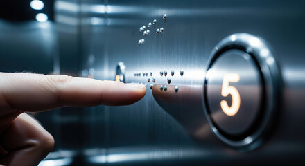 Close-up of a finger pressing the elevator button for the 5th floor in a modern building with braille for accessibility, shot with a shallow depth of field.