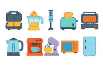Kitchen appliances flat icon set. Blender, toaster, mixer, fridge icons flat collection