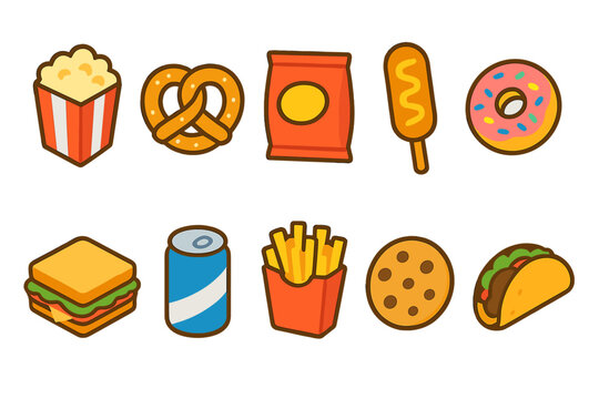 Snacks and fast food flat icon set. Popcorn, pretzel, sandwich, and taco icons collection