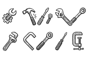 Naklejka premium Tools, construction linear icon set. Hand tools, equipment outline collection