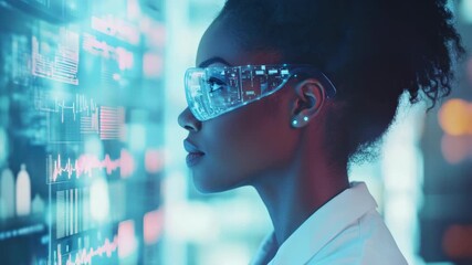 A female data scientist looking at a computer screen with complex graphs and algorithms. She is wearing glasses and a lab coat. - Powered by Adobe