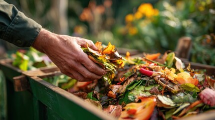 Medium shot of hands layering kitchen scraps and leaves in a backyard compost bin demonstrating safe organic waste composting techniques in a garden setting.