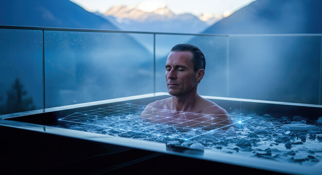 Man Relaxing in Ice Bath on Balcony: A man with eyes closed soaks in a cold plunge tub on a modern balcony overlooking scenic mountains with digital grid overlay. - Powered by Adobe