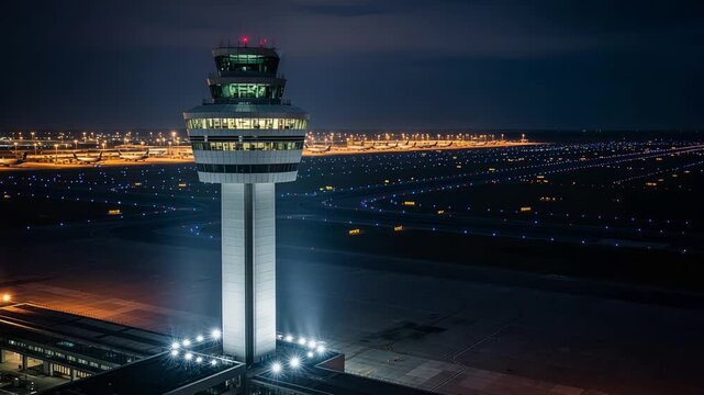 nighttime airport scene with radiant lights and strategic coordination