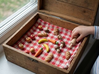 Child plays with toy food in wooden box