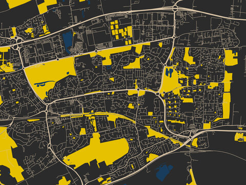 Decorative abstract map of Basildon, United Kingdom, featuring matte charcoal landmass with pale cream street lines, bold yellow accents and navy-blue water shapes