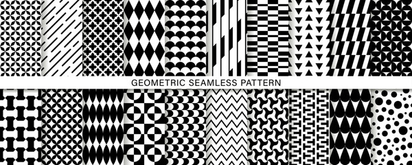 モノクロの幾何学模様のシームレスパターン／20種類