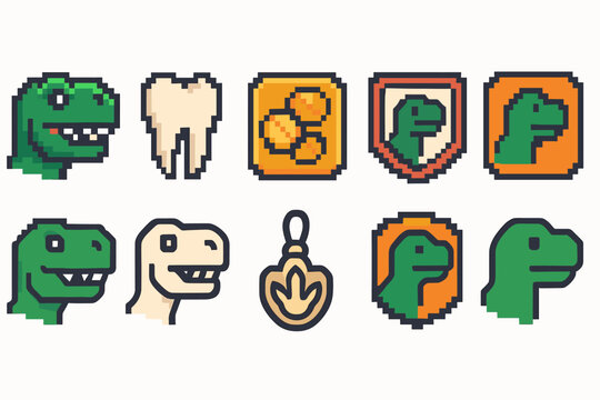 Dinosaur pixel icon set. Vintage pixelated graphics, retro gaming style icons collection.