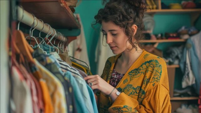 Young woman browsing clothing on store rack.