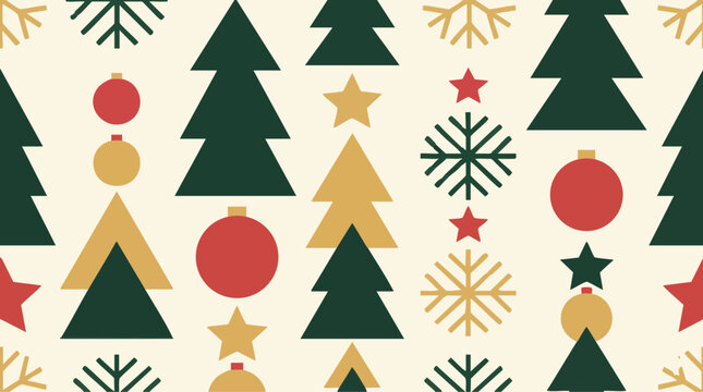 Christmas Festive Seamless Design with Trees and Snowflakes