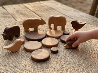 Childs hand playing with wooden animal toys on a table