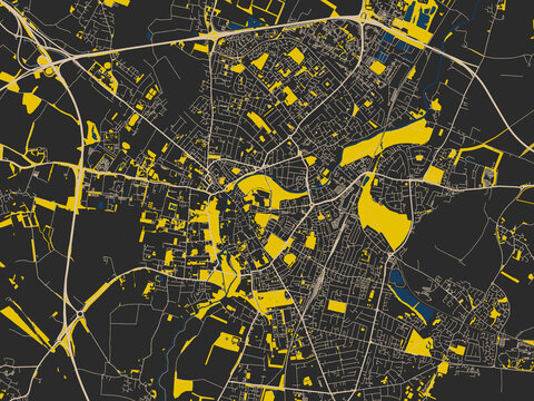 Poster-style map of Cambridge, United Kingdom using noir yellow color palette