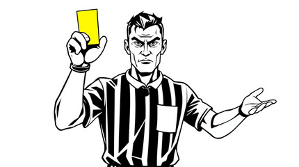 A black and white illustration of a soccer referee holding up a yellow card to a player.
