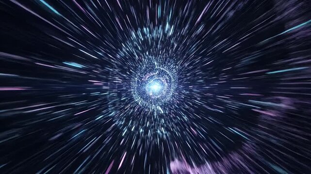 Cinematic motion footage of traveling through a futuristic hyperspace wormhole at warp speed with glowing blue light streaks.