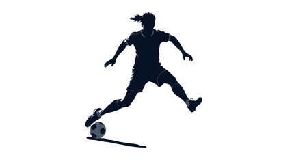 Fototapeta premium A silhouette of a female soccer player in action, kicking a football on a white background.
