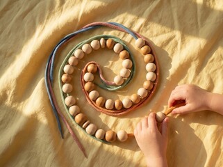 Childs hands stringing wooden beads on colorful thread