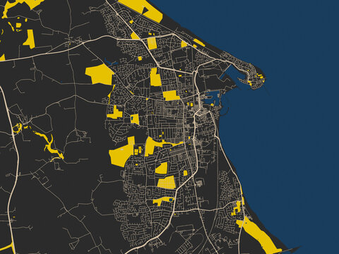 Poster-style map of Hartlepool, United Kingdom using dark map with yellow accents