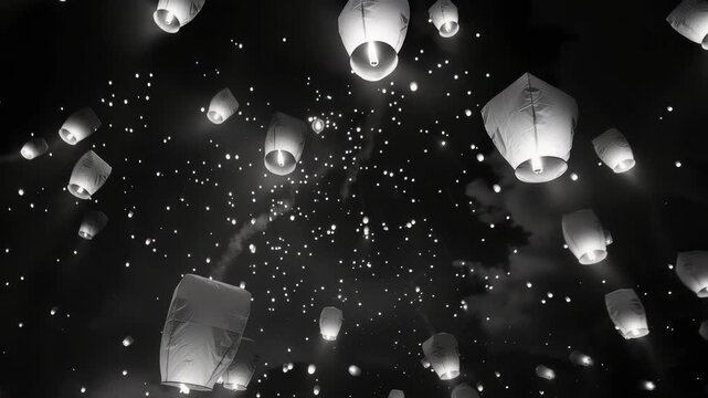 Vibrant floating lanterns light up the dark night sky during a festival or celebration.
