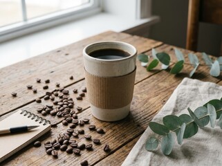 Coffee cup with beans and eucalyptus on wooden table