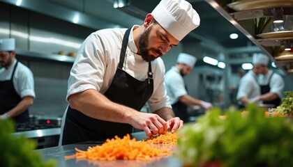 Bearded chef in uniform prepares fresh grated carrots for salad. Cooks work in busy restaurant kitchen. Healthy meal ingredients ready for cooking. Food preparation in pro culinary setting.