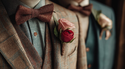 Elegant suits adorned with floral boutonnieres, showcasing a blend of classic style and modern flair, perfect for formal occasions.