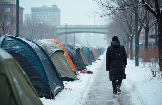 Man walks past row of tents in snowy urban encampment. Homeless people survive cold winter weather on city sidewalk. Social issue of poverty and destitution is evident.