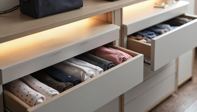 Neatly folded clothes in open drawers of a modern dresser. Wooden shelf with soft warm light illuminates stacked socks and garments. Clean home interior offers tidy storage solutions.