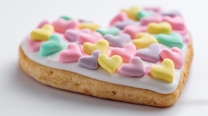 A heart-shaped cookie topped with colorful pastel heart candies sits on a white background, evoking a sense of sweetness and celebration.