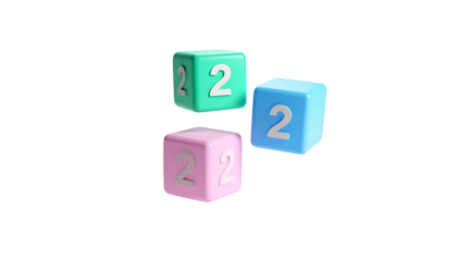 Three colorful dice displaying the number 2 on a black background