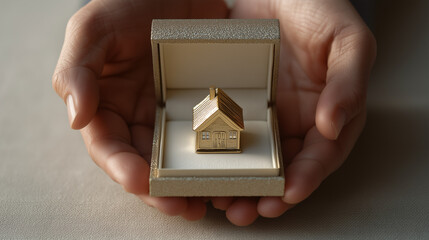 A delicate golden house model is presented in an elegant jewelry box, symbolizing home, care, and precious memories.