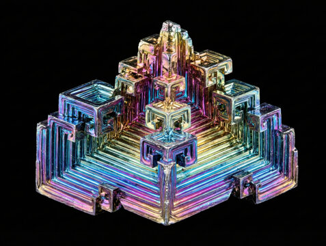 Iridescent bismuth hopper crystal with rainbow metal geometric structure