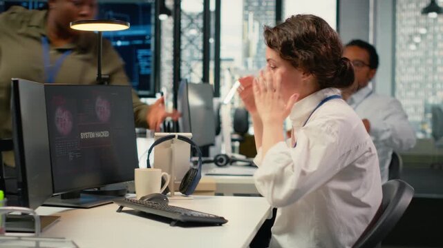 Inexperienced intern in office requests help from team to fix hacking attempt on corporate network. Coworkers investigate unauthorized access alerts, brainstorming ways to mitigate damages, camera B