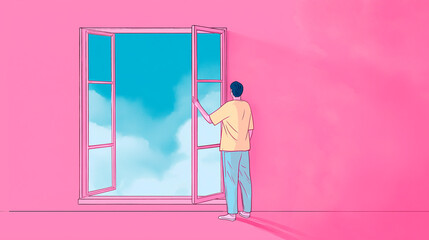 Fototapeta premium Man opening a window in a stuffy pink room to let in a fresh blue breeze, concept of loving renewal