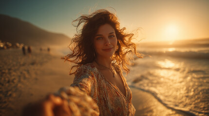 A woman joyfully poses on the beach, her hair flowing in the sunset breeze, capturing the warm hues of twilight against the ocean waves.