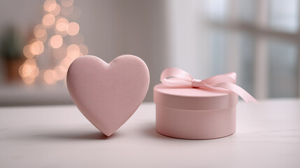A charming pink heart-shaped decoration alongside a round gift box with a ribbon, set against a softly blurred festive background.