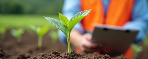 Environmental expert in orange vest checks young plant growth in field. Person uses clipboard for data, inspects soil and seedling. Sustainable farming agriculture science research, nature study.