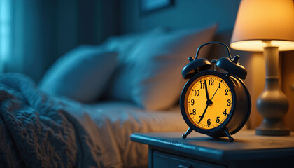Naklejka premium Old alarm clock rests on a bedside table near a bed in a dark bedroom. A lamp casts a warm glow, suggesting nighttime rest or anticipation of morning wake up.