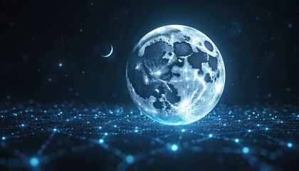 Digital network connects glowing points across dark surface. Full moon acts as control hub. Crescent moon visible. Constellations form data clusters. Sci fi abstract.