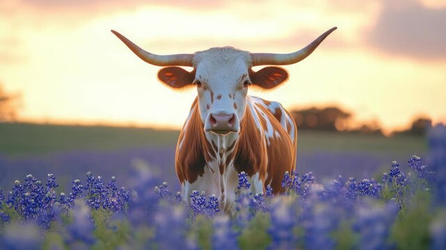 A majestic longhorn cow standing tall in a field of bluebonnets during sunset.